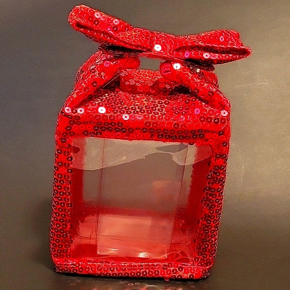 NEW Red Sequined Novelty Evening Clutch, Bow Handle, Transparent Sides, Bow - Picture 3 of 9